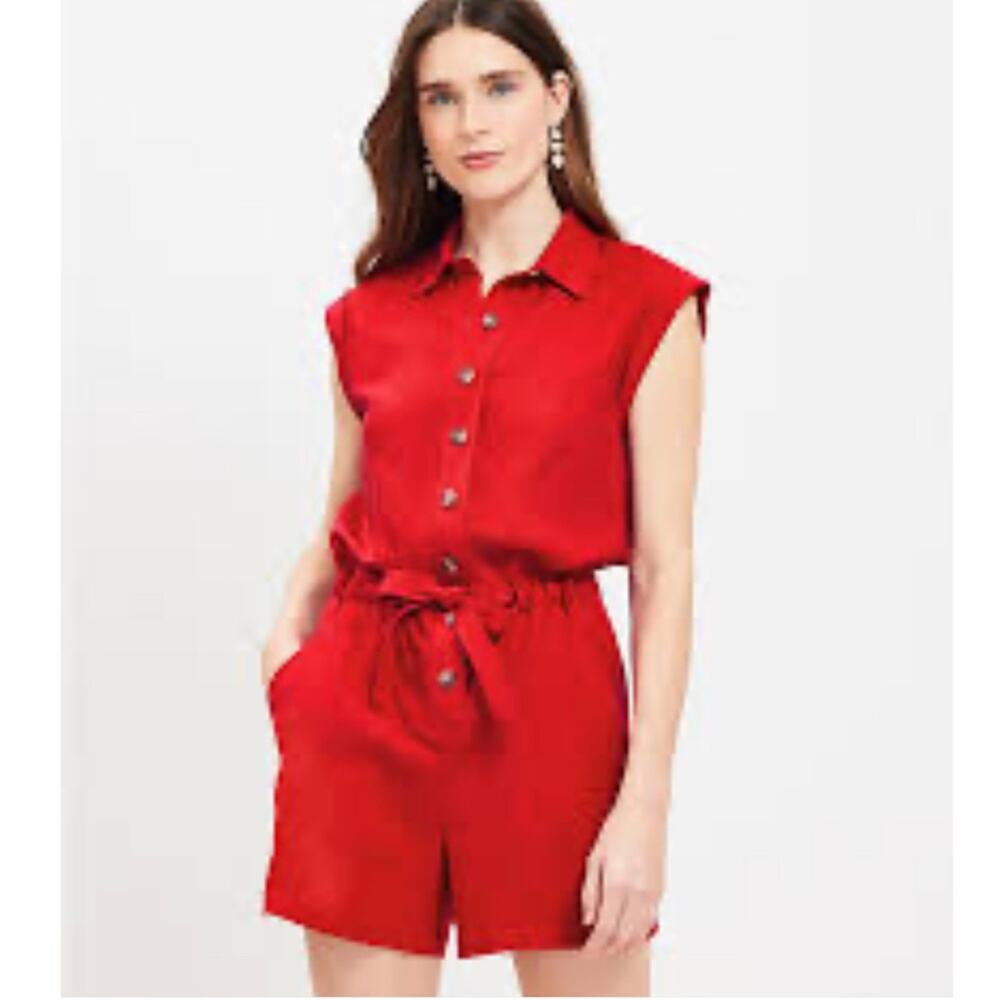 LOFT Red Linen Blend Shorts Romper